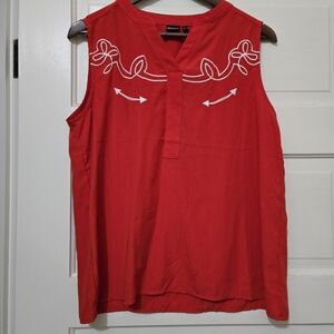 Cruel Girl Red Sleeveless Blouse with White Embroidery